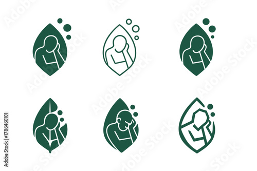 Restless Thoughts Logo. restless figure surrounded by floating thoughts. Set Logo of restless figure surrounded by floating thoughts: Leaf. harmonious logo