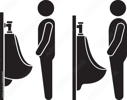 Two male figures standing next to urinals in a restroom silhouette