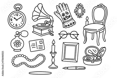 Vintage Treasures Illustration. Vintage treasures. Hand-drawn doodle illustration vintage treasures pocket watch, gramophone, lace gloves, brooch, perfume