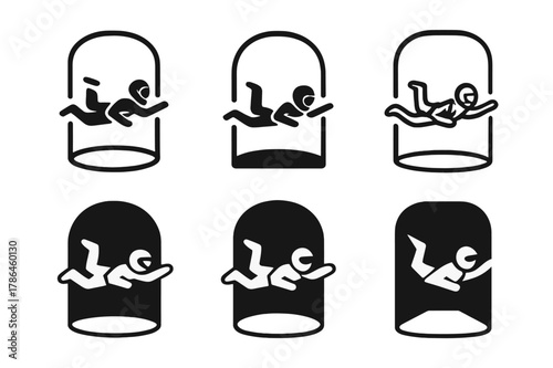 Indoor Skydiving Logos. Indoor skydiving in specialized wind tunnels. Icon set. Set Logo of Indoor skydiving in specialized wind tunnels: flyer in