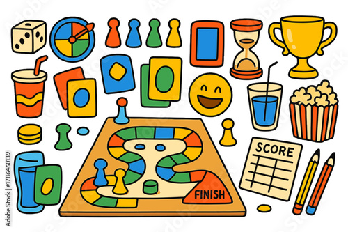 Board Game Extravaganza. Board game fun. Colorful Hand-drawn doodle Children illustration Board game fun dice, spinner, cards, pawns, game board, timer,