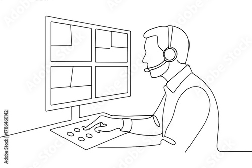 Minimalist Operator Illustration. Emergency Response. Minimalistic one-line drawing operator pressing buttons