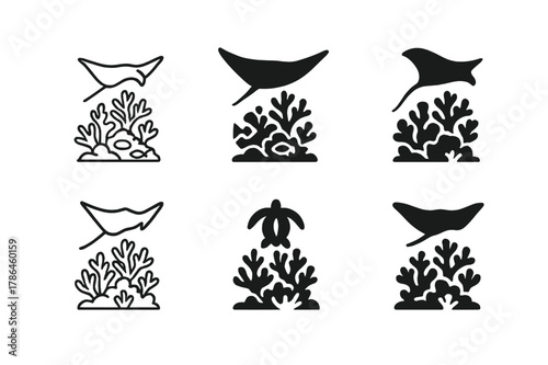 Coral Reef Logos. A vibrant coral reef teeming with colorful fish, sea turtles, and coral formations. Set Logo of A vibrant coral reef teeming with colorful