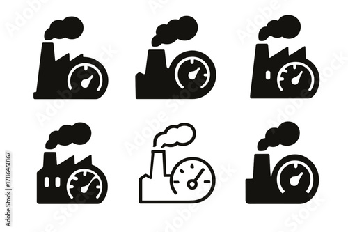 Factory Emission Logos. Carbon footprint of factory. Icon set. Set Logo of carbon footprint of factory: emissions gauge and dial beside plant. harmonious logo
