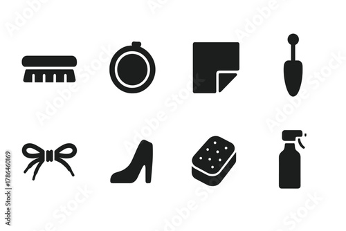 Shoe Care Icons. Shoe care. Filled icon set of shoe care: brush, polish tin, cloth, shoe tree, laces, heel,