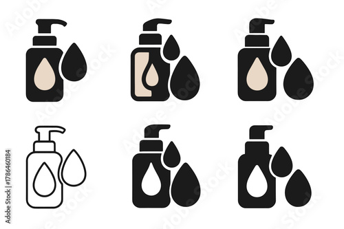 Foundation Logo Variations. Beauty blender and foundation. Set Logo of liquid foundation: pump bottle with flowing drop. Icon set. harmonious logo variations