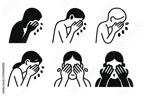 Face Washing Icons. Washing your face. Icon set. Set Logo of Washing your face: morning skincare ritual. harmonious logo variations of the same emblematic