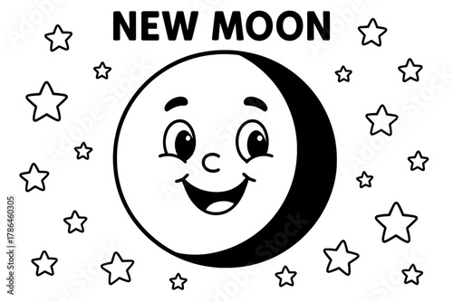 Cheerful Moon Coloring Page. New moon children?s coloring book illustration, outlined drawing, cheerful dark