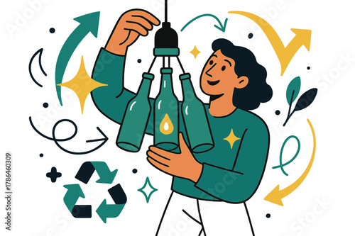 Eco-Friendly Creative Crafting. Upcycling and creative reuse of materials. Person crafting a decorative lamp from recycled bottles with abstract floating