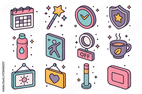 Streamer Self-Care Icons. Streamer self-care. Colorful isometric vector icons set of Streamer self-care: stream schedule calendar, chat moderator wand, slow