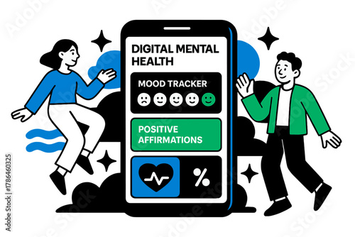 Digital Mood Tracker. Digital mental health. A stylized app interface showing a mood tracker, positive