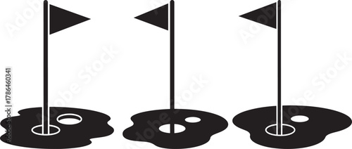 Three golf hole silhouettes with flags and bunkers
