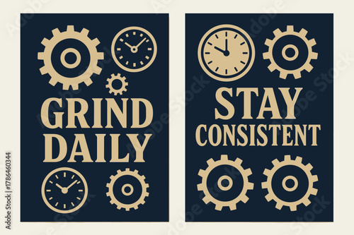 Navy Gold Banners. Grind daily. Two vertical A6 banners with safe margins, centered composition, no elements touching edges, bold, navy and gold, objects like