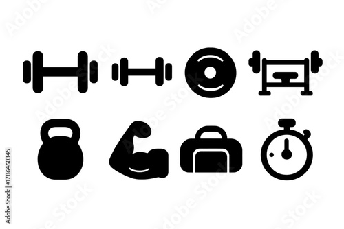 Gym Icon Set. Gym workouts and strength training. Filled icon set of gym workouts and strength training: