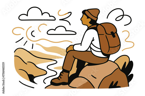 Scenic Hiker's Rest. Rest at scenic viewpoint. Hiker sitting on rock looking at valley below; gentle clouds