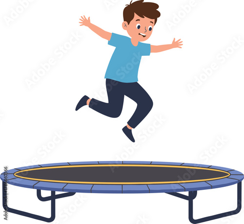 Happy boy jumping on trampoline, outdoor fun and physical activity concept, exercise and playtime for kids, flat cartoon vector illustration design