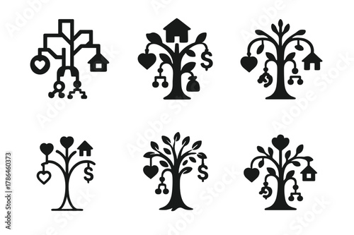 Family Vision Tree Logos. Creating a family vision board. Icon set. Set Logo of creating a family vision board: tree of dreams with hanging goal icons.