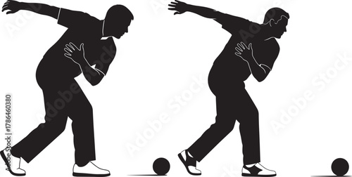 Two athletes in silhouette preparing to throw a bowling ball silhouette