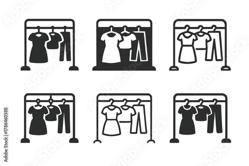 Women's Fashion Icons. Womenswear fashion. Icon set. Set Logo of Womenswear fashion: capsule wardrobe rack with mix-and-match pieces. harmonious logo