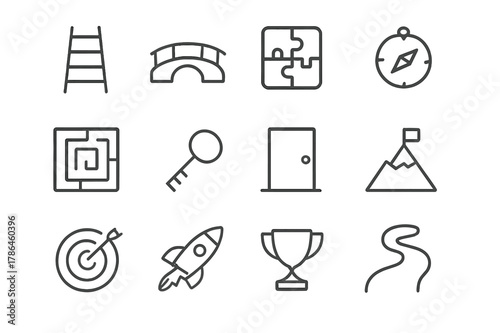 Visual Metaphor Icons. Visual metaphors in marketing. Line icon set of visual metaphors: ladder, bridge, puzzle, compass, maze, key, door, mountain, target,