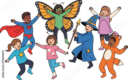Diverse Group of Happy Children in Playful Costumes Superheroes Witches and Animals
