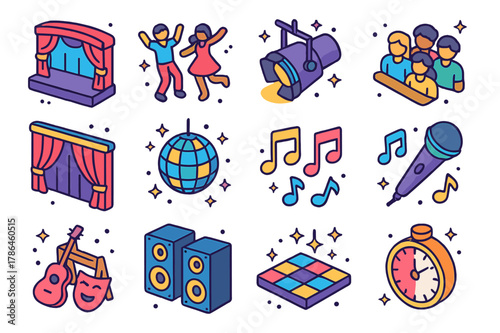Showtime Icon Set. Showtime. Colorful isometric vector icons set of showtime: stage, dancers, spotlight, audience, curtains, disco ball, music notes,