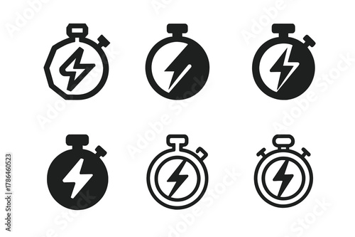 Esports Logo Variations. Esports training. Icon set. Set Logo of esports training: reaction timer stopwatch with bolt. harmonious logo variations of the same