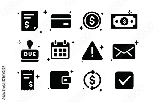 Payment Icons Grid. Payment and Bill Reminders. Solid icons set of Payment and Bill Reminders: invoice, credit card, dollar coin, banknote, due date stamp,