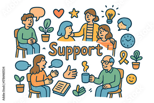 Support Group Doodle. Support group meeting. Hand-drawn doodle illustration of a group of people participating