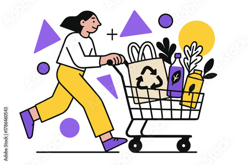 Eco-Friendly Shopping. Eco-Friendly Shopping Hauls. Person pushing a shopping cart filled with eco-friendly products and floating abstract geometric shapes,
