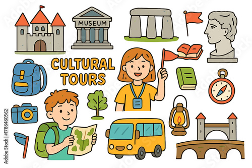 Cultural Tour Adventure. cultural tours. Colorful Hand-drawn doodle Children illustration cultural tours castle, museum, ancient monument, guide, map, flag,