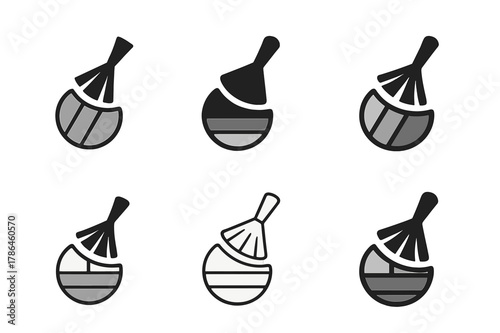 Cosmetic Logo Variations. Blush, highlighter, and bronzer trio. Set Logo of Blush, highlighter, and bronzer trio: fan brush sweeping across triple compact.