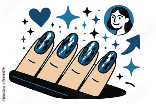 Stylish Foil Nails. Foil nails. Display of metallic foil nails on manicure table with abstract floating icons, sparkles, and arrows; conveys nail fashion,