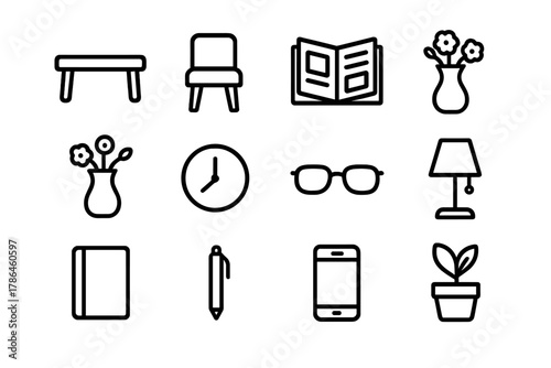 Waiting Room Essentials. Waiting room items. Line outline icon set of waiting room items: table, chair,