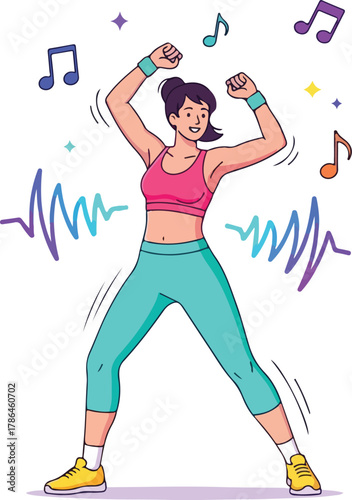 Energetic Woman Dancing and Exercising to Music in Fitness Class Illustration