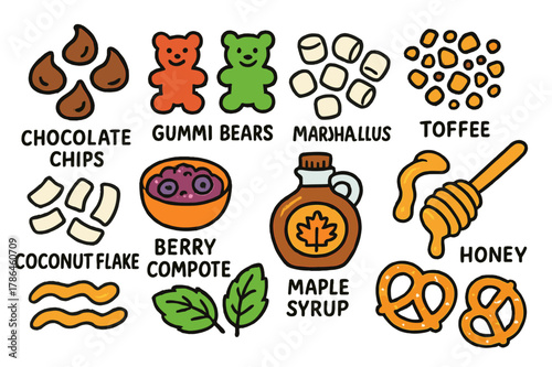 Colorful Toppings Doodle. Toppings and syrups. Colorful Hand-drawn doodle Children illustration Toppings and syrups chocolate chips, gummy bears,