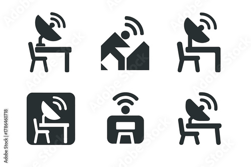 Remote Work Hub Logos. Remote work hubs. Set Logo of remote work hubs: satellite uplink over workspace. Icon set. harmonious logo variations of the same
