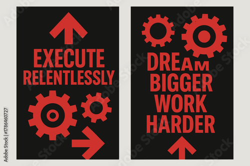 Bold Brutalist Banners. Execute relentlessly. Two vertical A6 banners with safe margins, centered composition, no elements touching edges, brutalist, black and