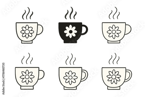 Chamomile Tea Logos. Sleep essentials. Set Logo of Sleep essentials: chamomile tea cup with steam. Icon set. harmonious logo variations of the same emblematic