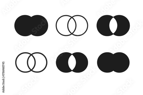 Logo Variations Grid. Content series branding. Set Logo of content series branding: overlapping circles representing episodes. Icon set. harmonious logo