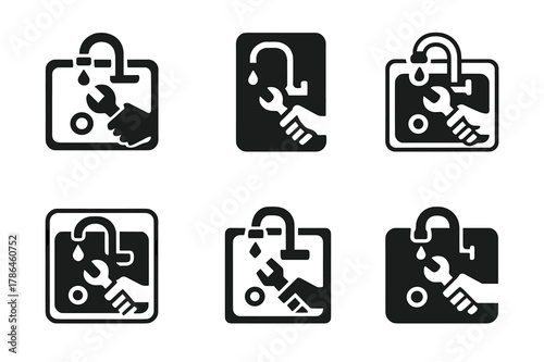 Leaky Faucet Icons. Fixing a leaky faucet in the kitchen. Icon set. Set Logo of Fixing a leaky faucet in the kitchen: kitchen sink top view. harmonious logo