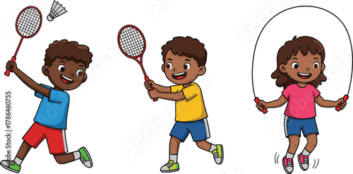 Happy children playing badminton and skipping rope outdoors, kids sports activity, physical fitness and fun exercise concept, flat cartoon vector illustration