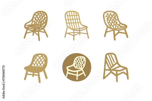 Wood Furniture Logos. Natural wood furniture and neutral tones in design. Set Logo of natural wood furniture and neutral tones in design: rattan lounge chair.