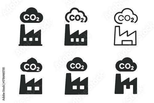 Eco-Friendly Factory Icons. Carbon footprint of factory. Icon set. Set Logo of carbon footprint of factory: CO? cloud above assembly plant. harmonious logo