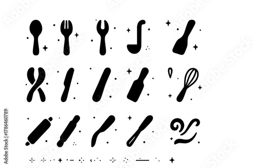 Black Wooden Utensils Icons. Handmade Wooden Utensils. Solid icons set of Handmade Wooden Utensils: spoon, fork, ladle, spatula, honey dipper, salad tongs,