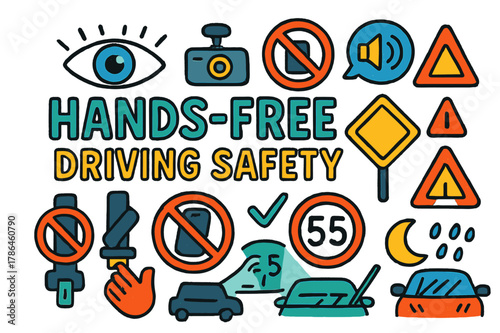 Hands-Free Driving Icons. Hands-free driving safety. Colorful Hand-drawn doodle Children illustration Hands-free driving safety eyes on road icon, do not
