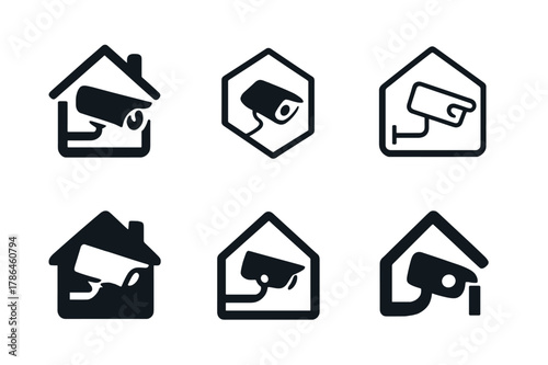 Home Safety Icons. Home safety and security. Icon set. Set Logo of home safety and security: CCTV camera. harmonious logo variations of the same emblematic