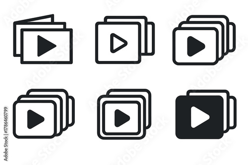 Music Video Logos. Music video shoots and production. Set Logo of Music video shoots and production: storyboard frames with play icon. Icon set. harmonious
