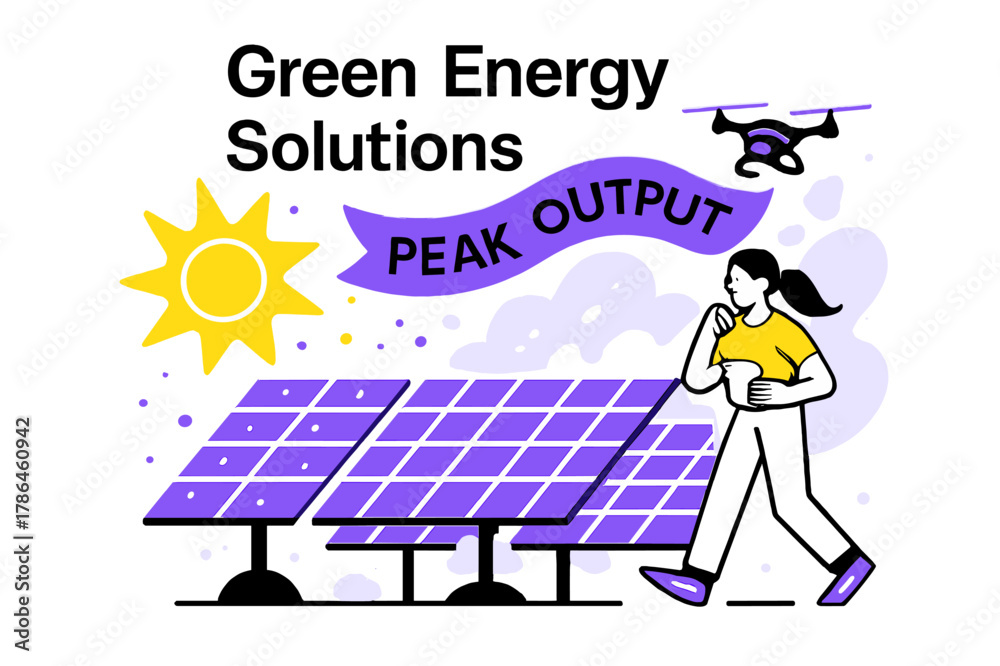 Obraz premium Solar Energy Harmony. Green Energy Solutions ? Solar Farm. Sunlit panels tilt in a neat grid; a tiny drone inspects rows while a banner says ?Peak Output.?