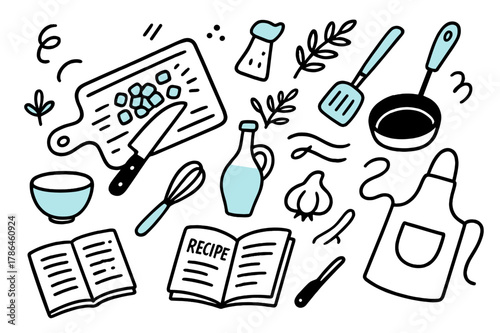 Kitchen Prep Essentials. // Kitchen preparation. Hand-drawn doodle illustration kitchen preparation [chopping board (accented), knife, diced vegetables